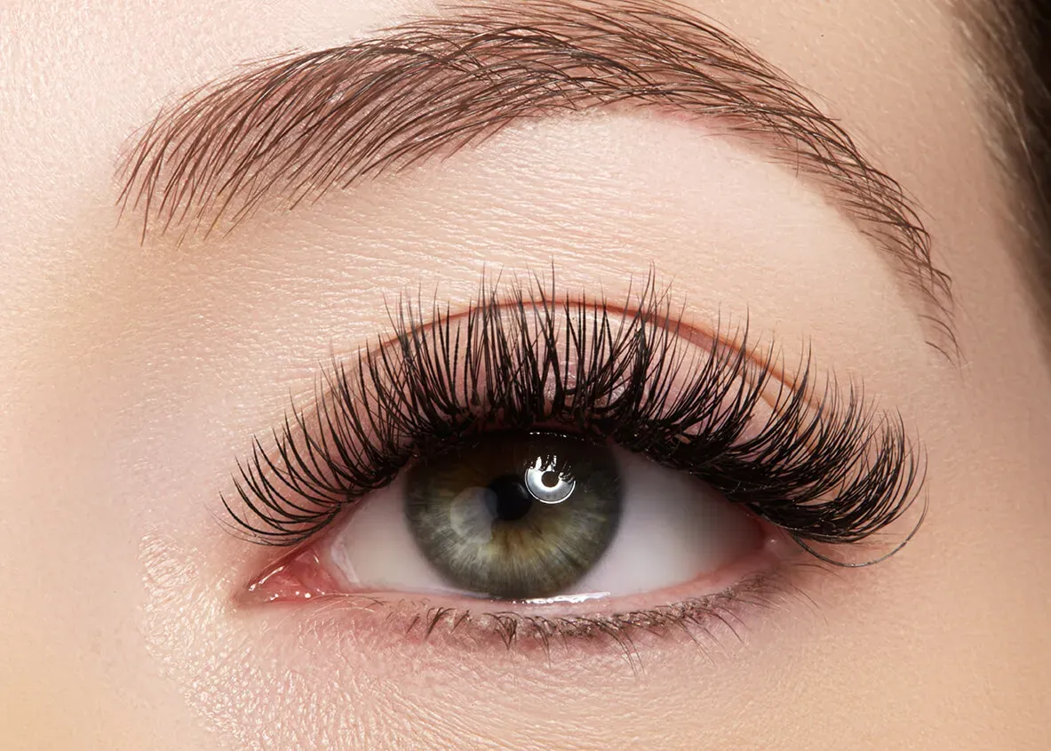 Close-up of finished volume eyelash extensions