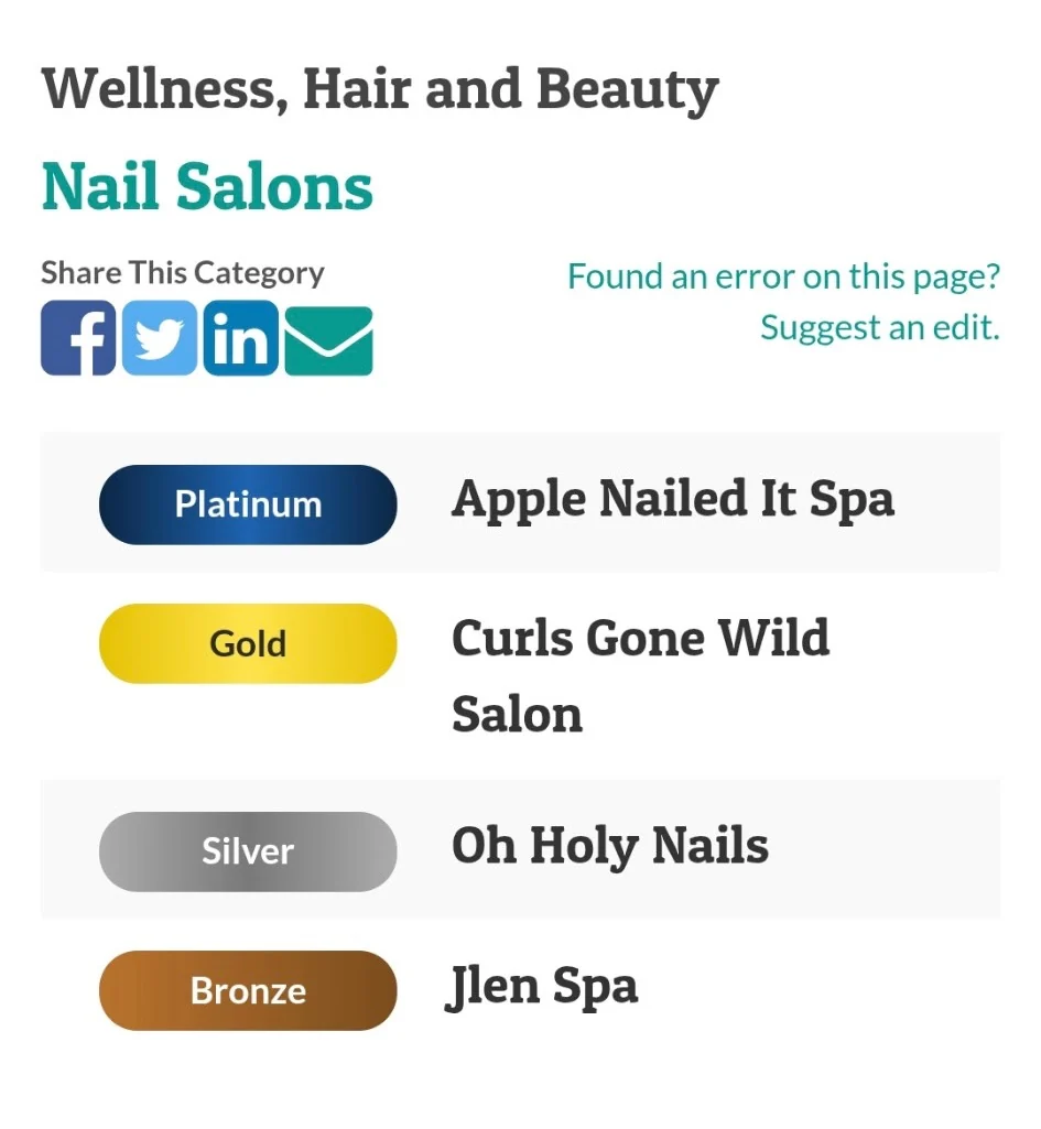 CommunityVotes Gilbert 2026 Nail Salons results showing Apple Nailed It Spa as the Platinum winner